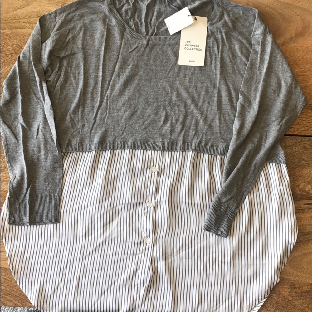 Zara Gray Layered Sweater with Striped Shirttail
